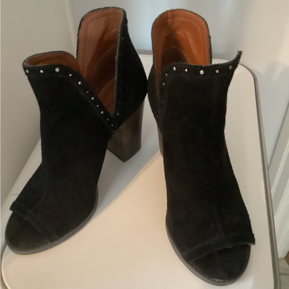 Luck Brand Black Suede Peep-Toe Ankle Booties with Stud Detail